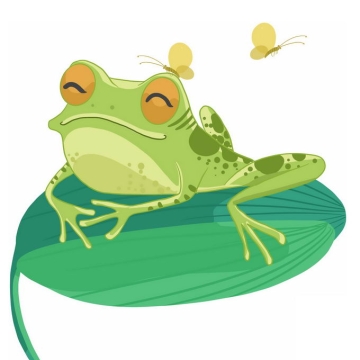 微笑的可爱卡通青蛙趴在绿叶上小虫子停在它头上4776586免抠图片素材