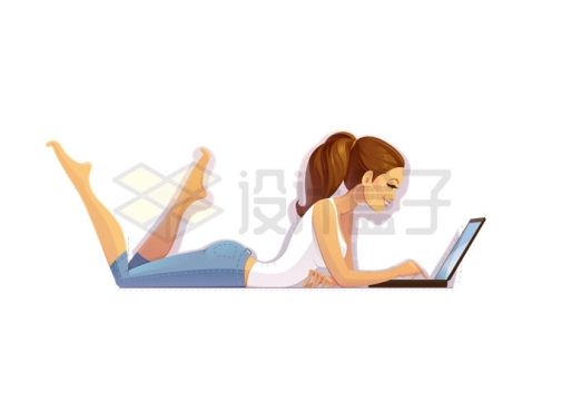 身材好的卡通女孩子趴在地上玩笔记本电脑1891751矢量图片免抠素材