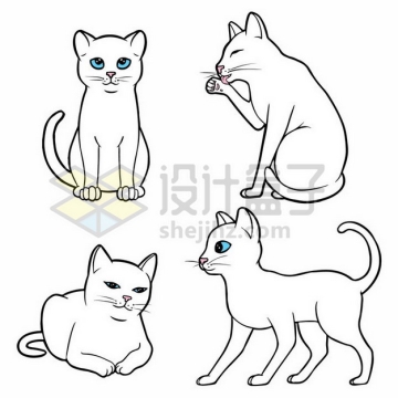 4款蓝眼睛的卡通白色猫咪线条手绘png图片素材