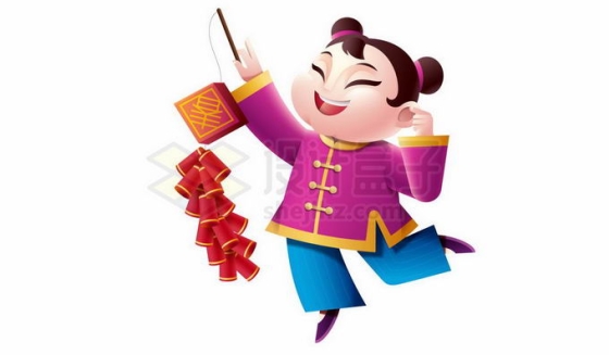 新年春节拿着一挂鞭炮的卡通女孩插画4909112矢量图片免抠素材