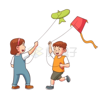 卡通男孩女孩正在放风筝7628514矢量图片免抠素材
