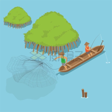 卡通渔民撑着小船正在水面上捕鱼和钓鱼4235394矢量图片免抠素材