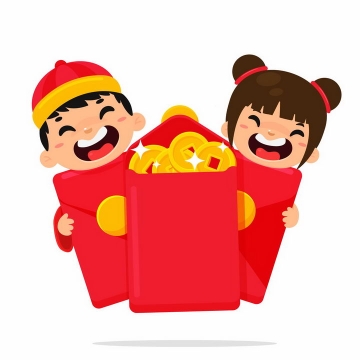 中国传统新年春节收到红包的卡通小男孩小女孩png图片免抠矢量素材