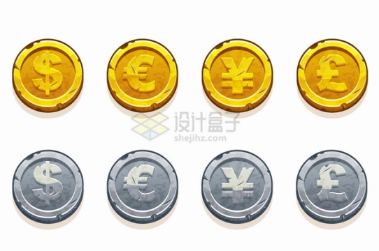 美元欧元人民币英镑符号卡通金币银币png图片素材