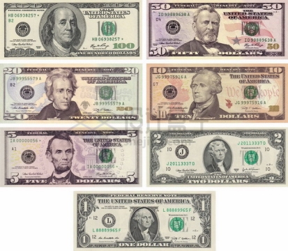 1到100美元钞票纸币标准图案png图片素材