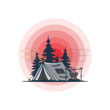 红色夕阳下的森林剪影和帐篷户外生存旅行插画6712786矢量图片免抠素材