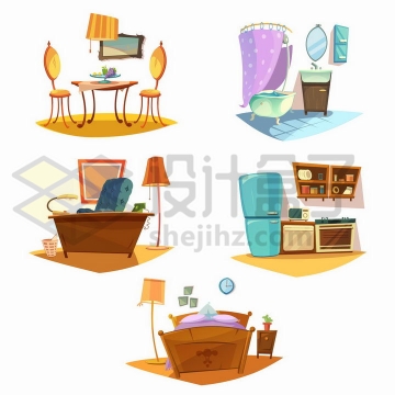 卡通餐桌浴室办公桌厨房和床等家具png图片免抠矢量素材