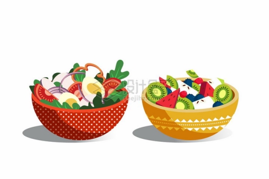 2款陶瓷碗中的蔬菜色拉和水果切片拼盘美味美食png图片免抠矢量素材