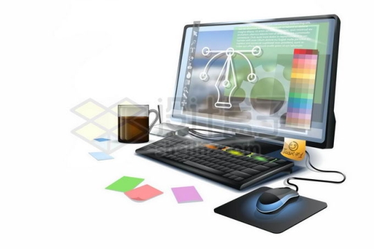 一台平面设计师的台式电脑和键盘鼠标3355644矢量图片免抠素材