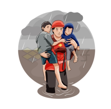 洪灾里抱着两个小孩的救援人员插画9106851矢量图片免抠素材