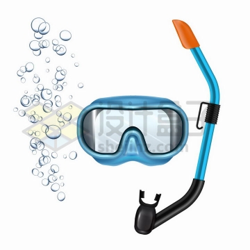 潜水三宝面镜呼吸管等潜水装备和气泡png图片免抠矢量素材