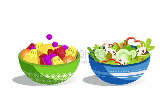 2款花纹陶瓷碗中的水果拼盘和蔬菜色拉美味美食png图片免抠矢量素材