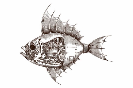 蒸汽朋克风格机械鱼机器鱼手绘插画6342795矢量图片免抠素材