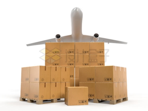摆放整齐的纸盒子包装箱和上空的货运飞机2086653PSD免抠图片素材