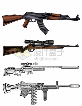 AK47自动步枪狙击枪和机枪等4种武器装备5125339矢量图片免抠素材