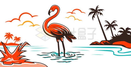 站在水中的火烈鸟手绘插画6456580矢量图片免抠素材