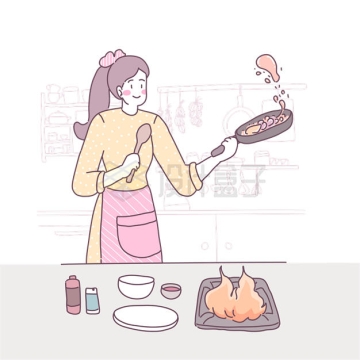 卡通女孩正在做饭水绘风格3544251矢量图片免抠素材