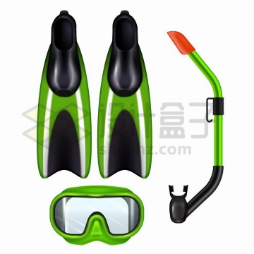 绿色潜水三宝面镜呼吸管和脚蹼等潜水装备png图片免抠矢量素材