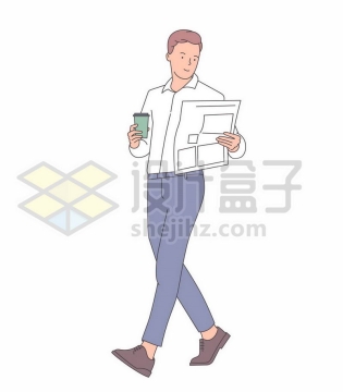 商务人士一手拿着咖啡杯一手拿着报纸手绘线条插画3385709矢量图片免费下载