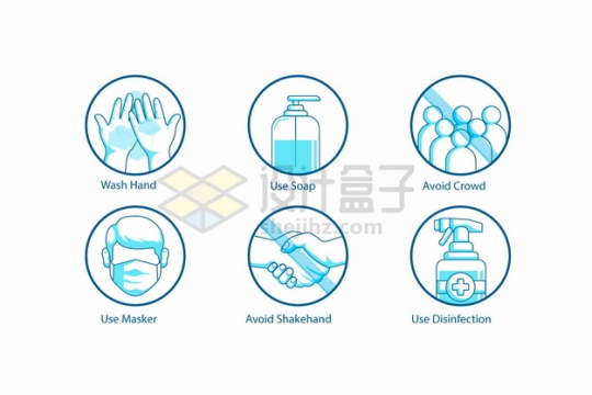 洗手消毒液戴口罩禁止人群聚集禁止握手等蓝色标志png图片素材