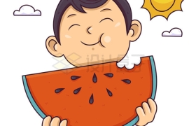 夏天大太阳下吃西瓜的卡通男孩9329903矢量图片免抠素材