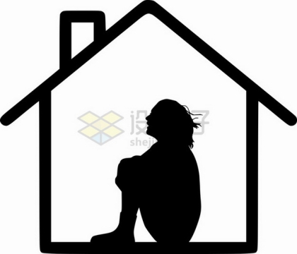 抱膝坐地上的女孩剪影呆在小房子里象征了自闭症受到心理伤害等png图片素材