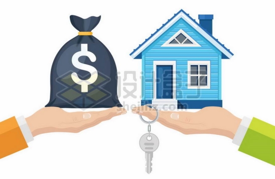 手上托着的钱袋子和房子钥匙象征了贷款买房2449920矢量图片免费下载