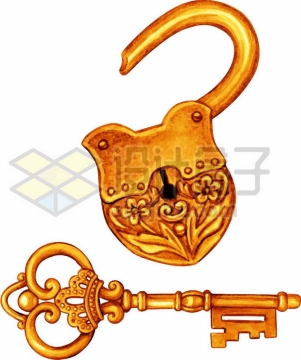 复古风格的金锁和钥匙彩绘插画3887375png图片免抠素材