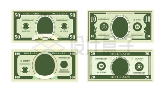 空白的50美元10美元100美元和20美元纸钞票正面9136142矢量图片免抠素材