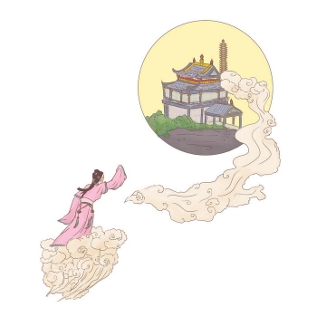 嫦娥奔月中国传统神话人物传说故事手绘彩色插图图片免抠png素材