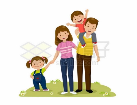 卡通一家四口幸福一家人快乐的站在草地上郊游9764689矢量图片免抠素材