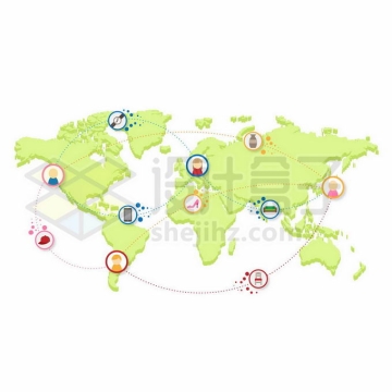 分散在世界各地的产品和绿色世界地图象征了全球贸易网络1628704矢量图片免抠素材