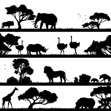 4款非洲大草原上的大象鸵鸟犀牛狮子鬣狗长颈鹿河马等非洲野生动物剪影png图片免抠矢量素材