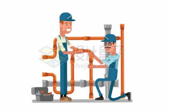两个卡通维修工人正在修理自来水管下水道管道1506560矢量图片免抠素材