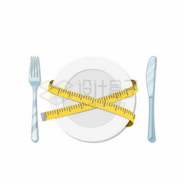 黄色卷尺缠绕的盘子象征了吃减肥餐png图片免抠矢量素材