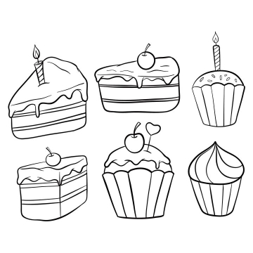 6种手绘线条简笔画生日蛋糕图片免抠素材