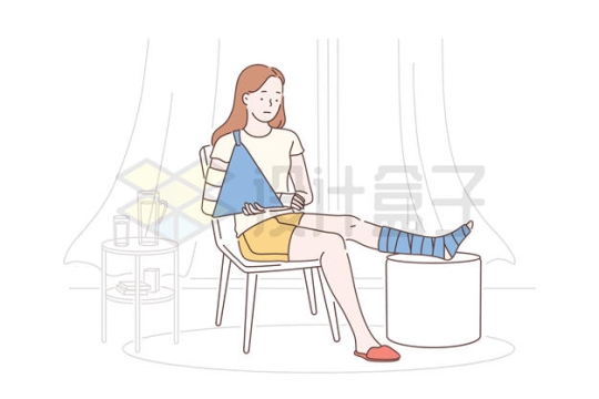 卡通女孩手臂和腿部受伤骨折坐在椅子上插画6066524矢量图片免抠素材