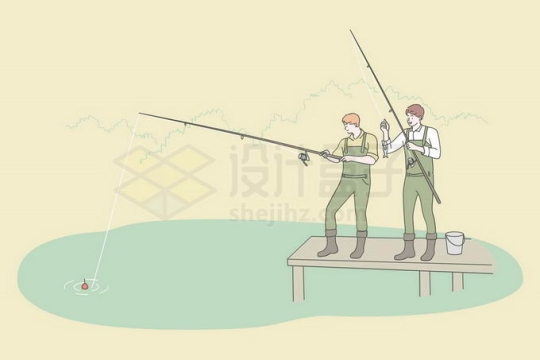 两个年轻人站在码头上用钓鱼竿钓鱼手绘线条插画4742929矢量图片免抠素材免费下载