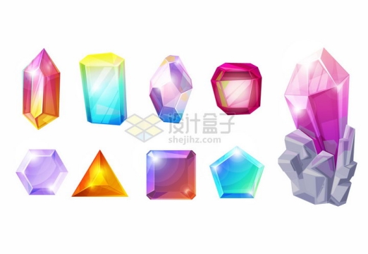 9款彩色绚丽的卡通水晶宝石png图片免抠矢量素材