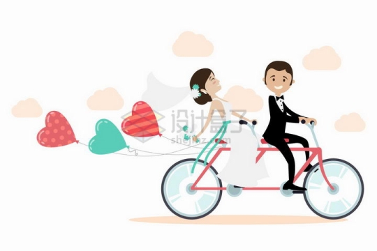 我们结婚啦新婚夫妻骑着双人自行车拉着彩色气球png图片免抠矢量素材
