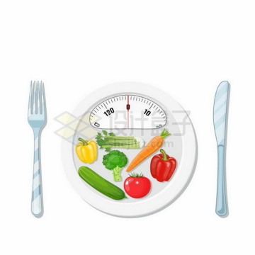 创意餐盘形状的体重秤上放着各种蔬菜象征了吃减肥餐png图片免抠矢量素材