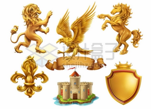 金色的狮子骏马老鹰等西方贵族图腾城堡和花纹123187图片免抠矢量素材