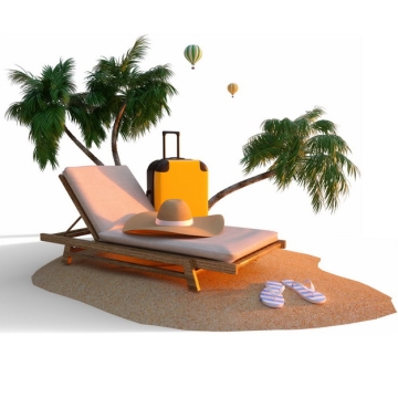 沙滩上的椰子树躺椅遮阳帽沙滩鞋和旅行箱等热带海岛旅游769498png图片素材