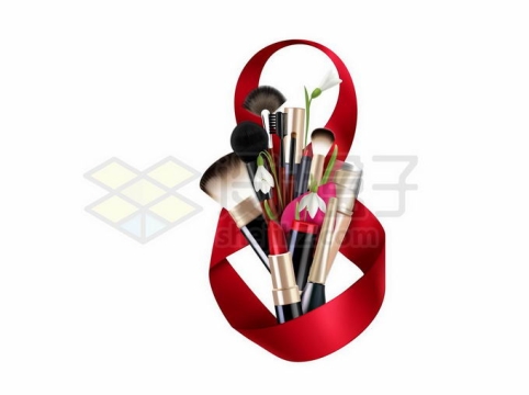 红色丝带包裹的各种化妆品美妆工具女神节5877851矢量图片免抠素材
