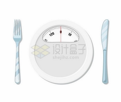 创意餐盘形状的体重秤和刀叉象征了吃减肥餐png图片免抠矢量素材