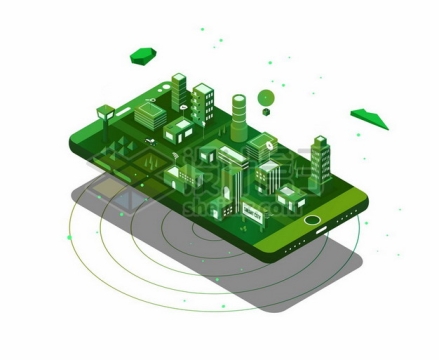 2.5D风格绿色手机上的城市模型136390png矢量图片素材