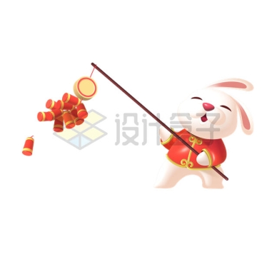 卡通兔子放鞭炮兔年新年春节插画5905098矢量图片免抠素材