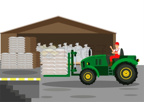 卡通农民开着拖拉机正在从仓库中搬运粮食化肥8401937矢量图片免抠素材