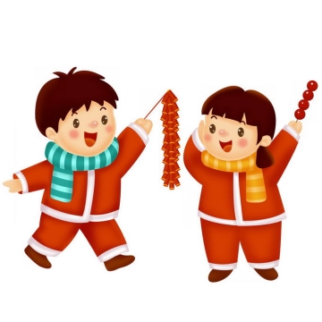2个可爱的卡通小朋友拿着鞭炮和冰糖葫芦新年春节插画6292942免抠图片素材