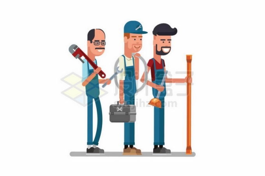 三个卡通维修工人带着工具去修理自来水管下水道管道3815069矢量图片免抠素材